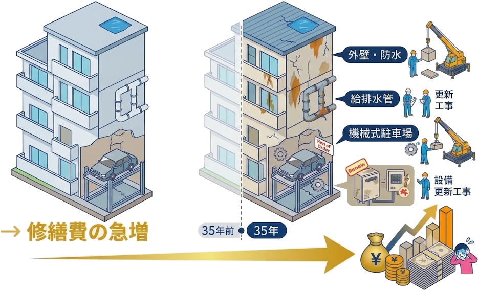 築35年を境に膨らむ修繕費（建物の老い）
