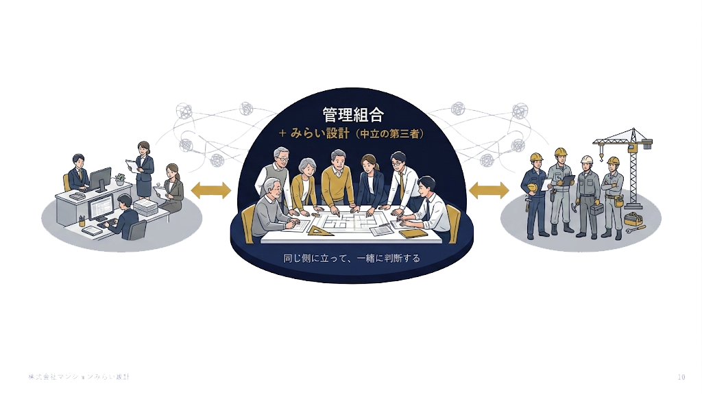 管理会社とも工事業者とも利害関係を持たない中立の立場